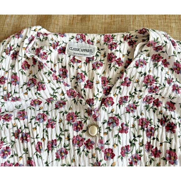 Vintage Blouse Top White Floral Pearl Gold Button Cotton Cottage V Neck Ribbed M - Picture 7 of 8